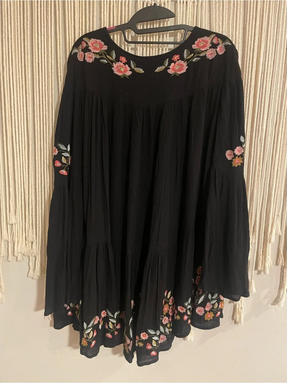 Free People Black Mini Dress with Pink Floral Embroidery